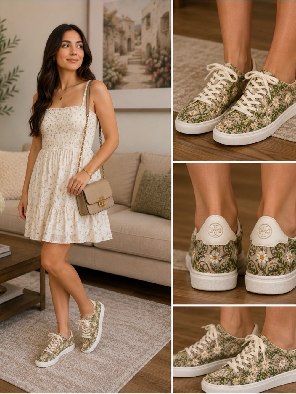 Tory Burch Beige Floral Canvas Sneakers with White Laces
